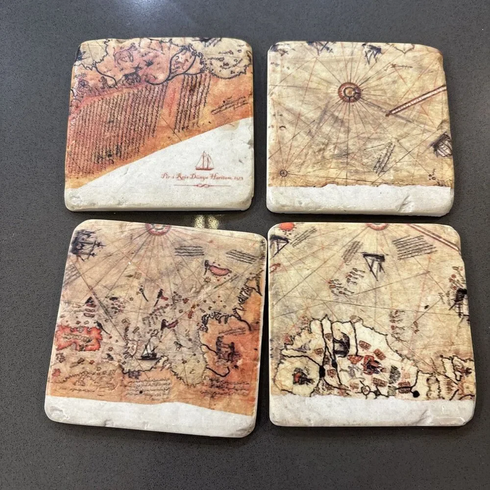 Piri Reis World Map Coaster Set Of Four Made Of Stone With Cork Backing